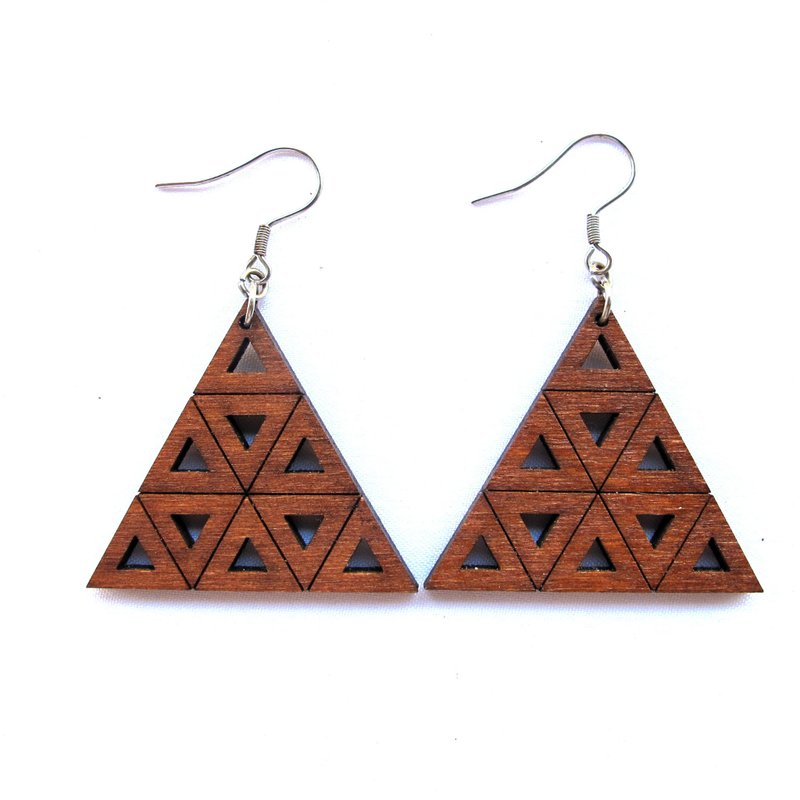 Sierpinski Triangle Fractal Earrings - 耳环/耳夹 - 木头 咖啡色