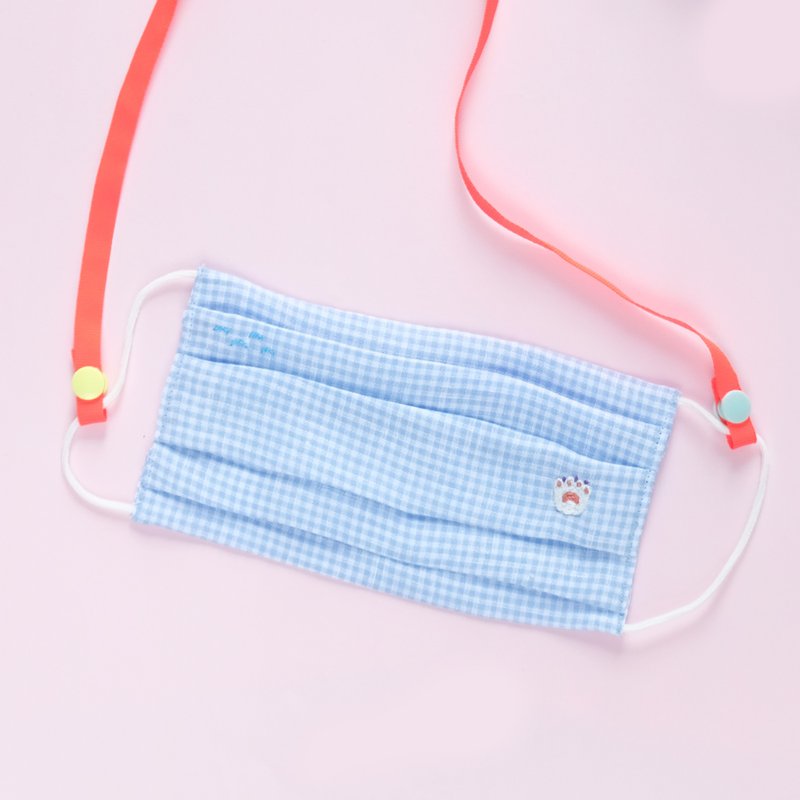 Blue Checkered Linen Mask with Strap - Hand Embroidered Cat Paw - 口罩 - 棉．麻 蓝色
