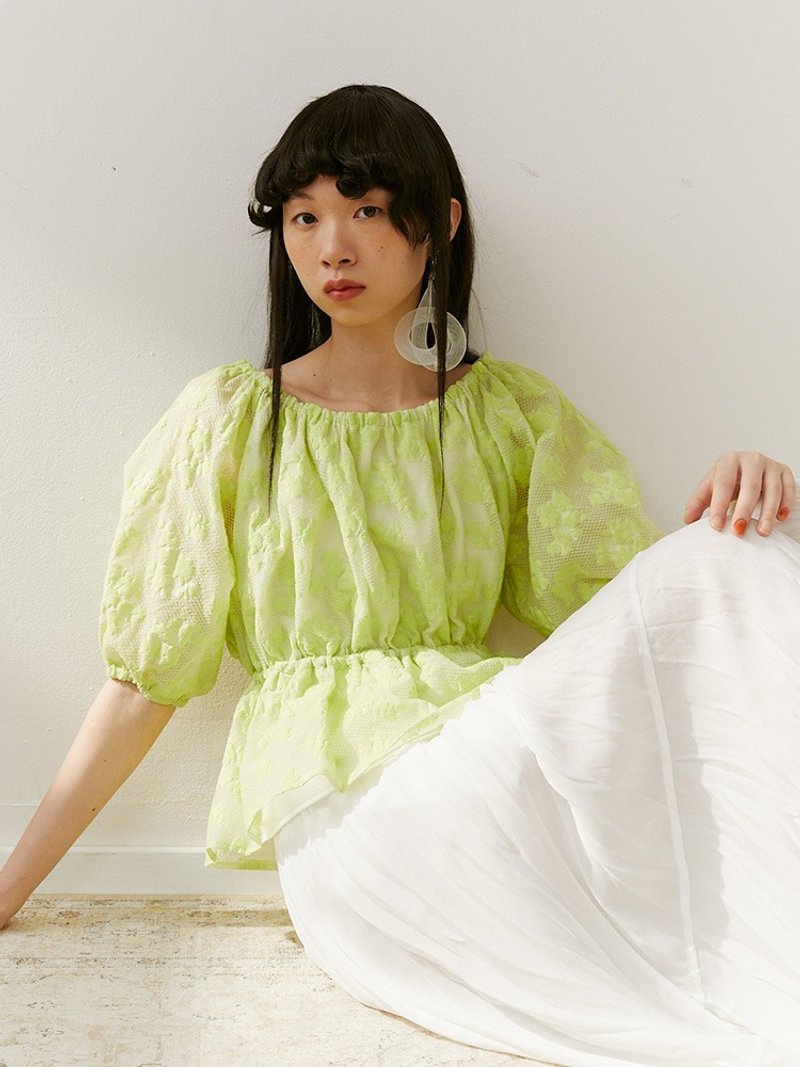 【泡泡袖】新中式复古中国风 收腰提花衬衫 - 其他 - 其他材质 绿色