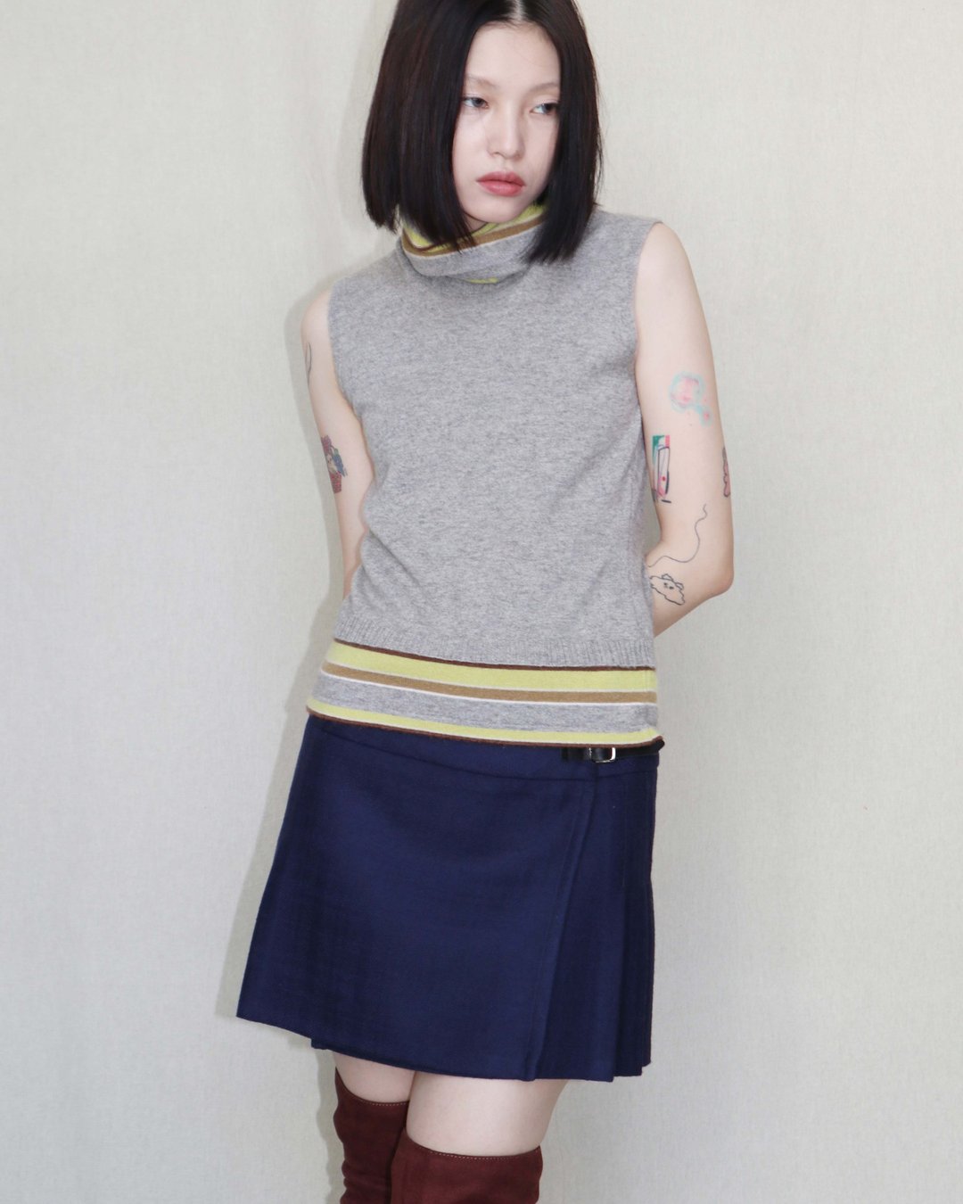 南瓜Vintage。CIVIDINI 100% Cashmere 灰色 高领 无袖 毛衣 - 女装针织衫/毛衣 - 羊毛 灰色