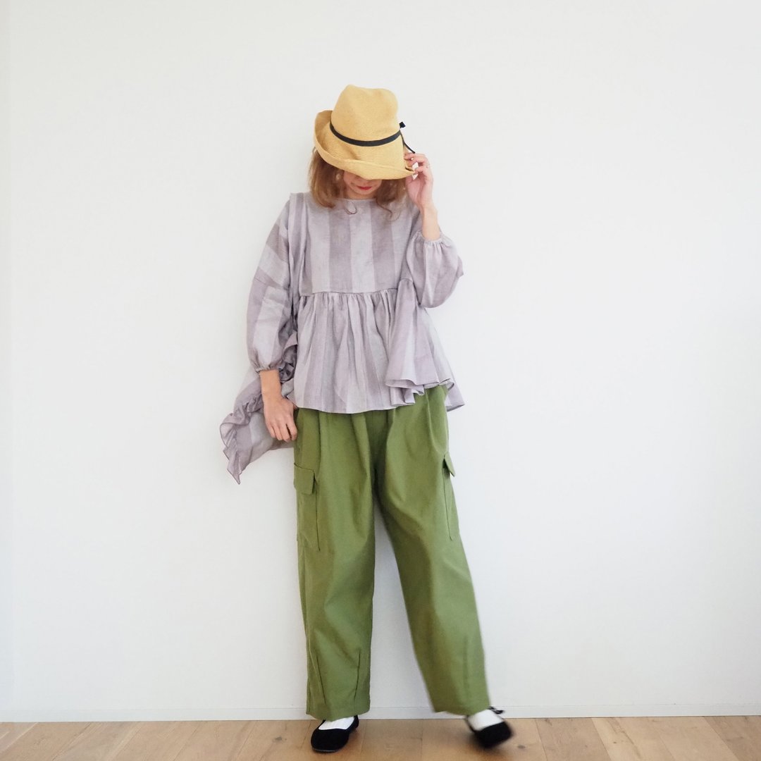 French linen big stripe gather blouse GRAY - 女装衬衫 - 棉 灰色