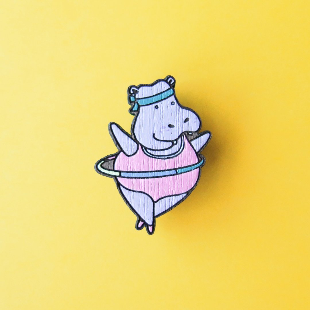 Wooden brooch hippopotamus - 胸针 - 木头 粉红色
