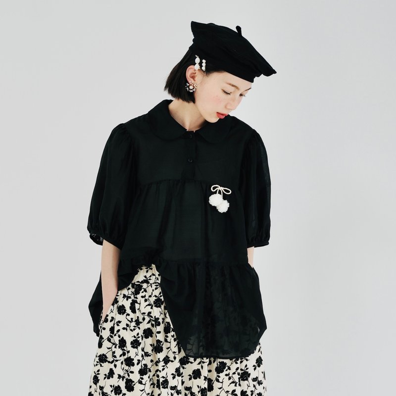 冰川棉黑色娃娃领短袖上衣 / 白樱桃 公主袖 透明 防晒 - 女装上衣 - 棉．麻 黑色