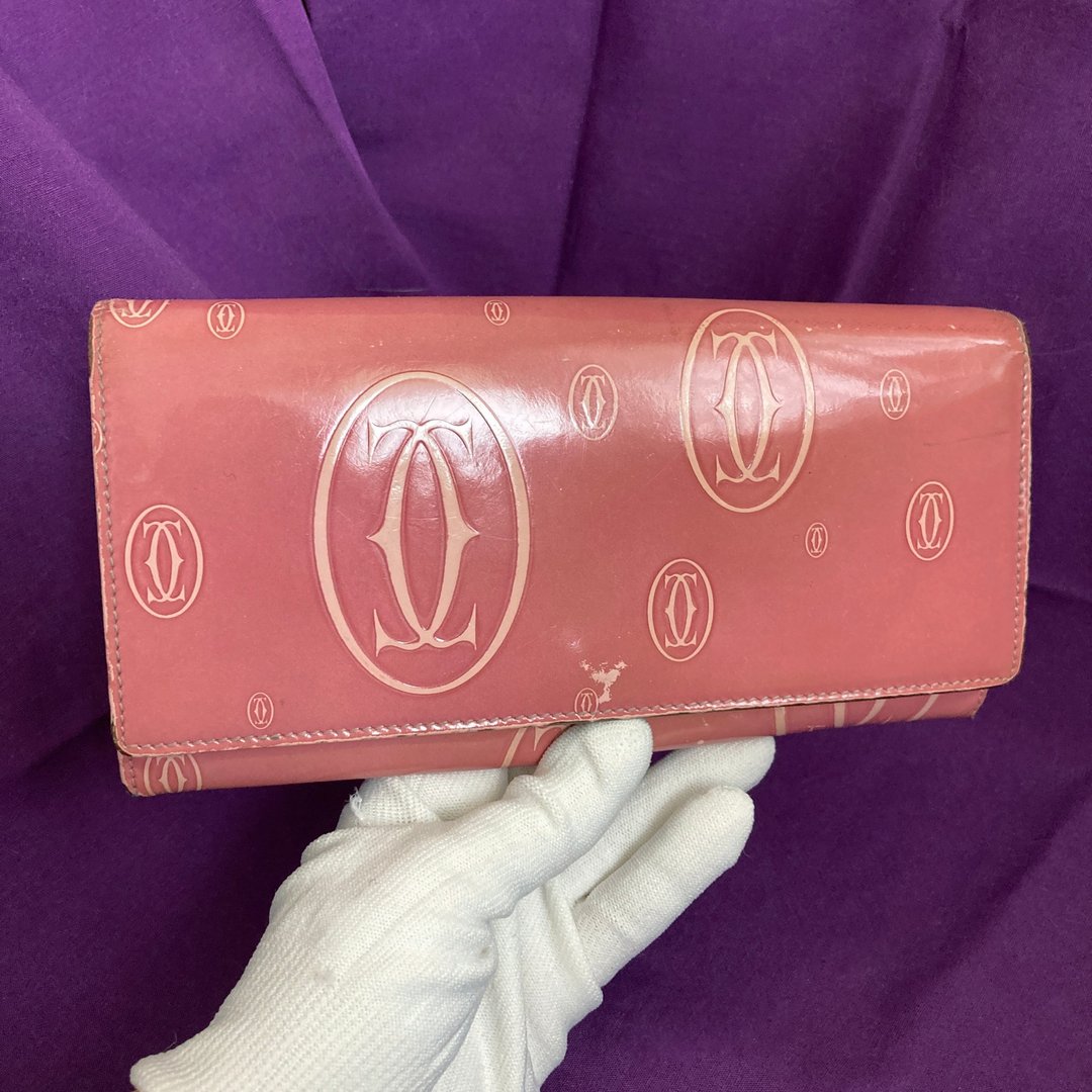 Cartier 卡地亚 粉桃色 亮皮 经典 老花 logo 古董皮夹 vintage - 皮夹/钱包 - 真皮 粉红色