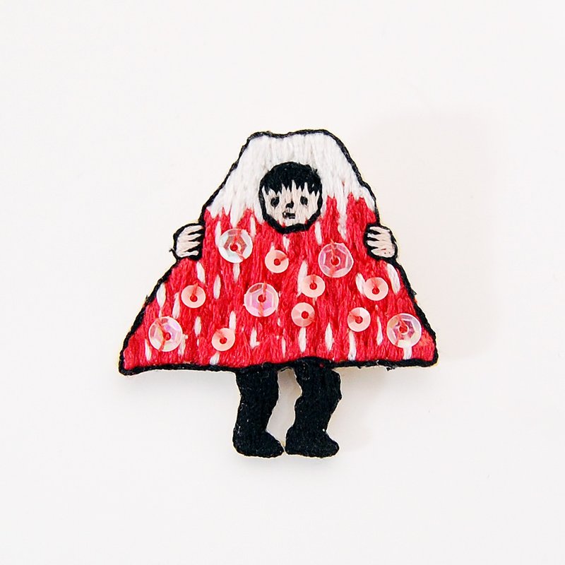Fuji embroidery brooch [red] - 胸针 - 绣线 红色