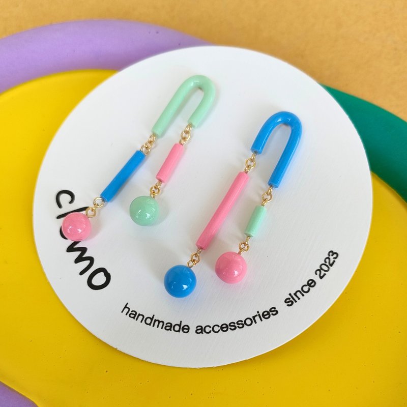 n字圆珠 3色粉彩【耳环】 - 耳环/耳夹 - 其他材质 多色