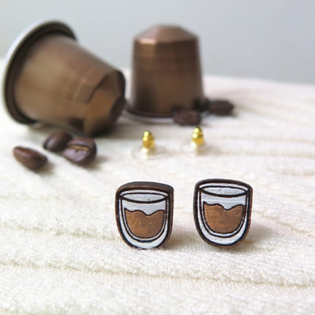 Wooden earring americano - 耳环/耳夹 - 木头 咖啡色