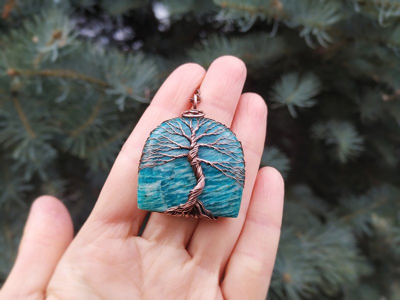 Copper  Wire Wrapped Amazonite Tree Of Life Men/ Women Pendant Necklace, Amulet - 项链 - 其他金属 蓝色