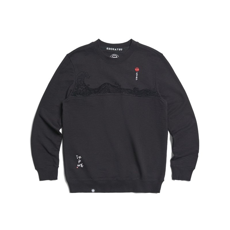 江户胜 日系 男装 加大码 经典海浪长袖T恤(黑色) #上衣#长袖 - 男装上衣/T 恤 - 棉．麻 黑色