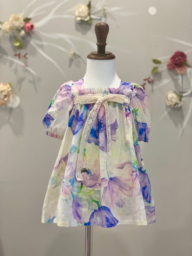 手作童装 荷叶方领洋装 紫色 - 童装裙 - 棉．麻 紫色