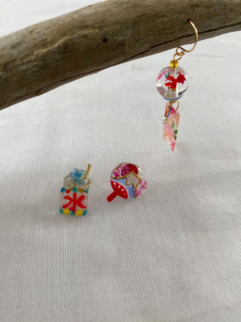 金鱼风铃.扇子.氷.一套三只、耳针、耳夹 - 耳环/耳夹 - 树脂 粉红色