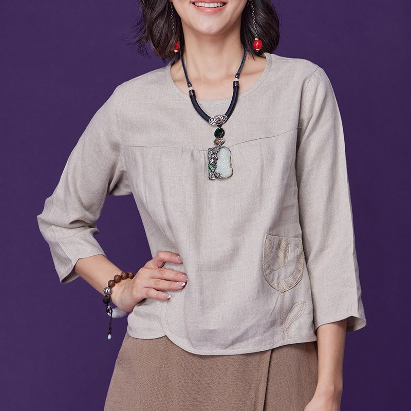 古典美 亚麻古布拚接车花上衣【58007】 - 女装上衣 - 棉．麻 卡其色