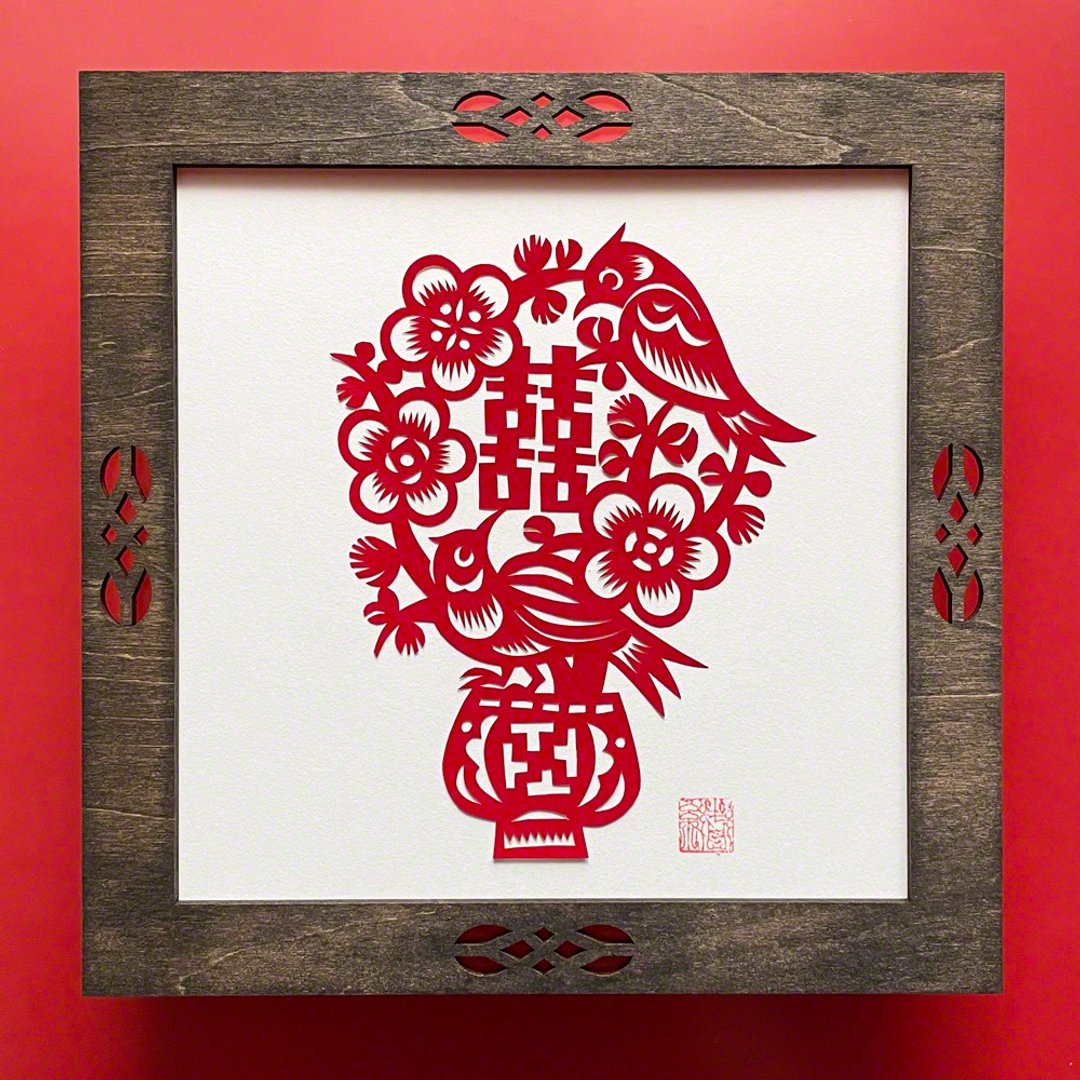 Made-to-order with wooden frame Kirigami Magpie and Plum Kijo Mayuko - 海报/装饰画/版画 - 纸 红色