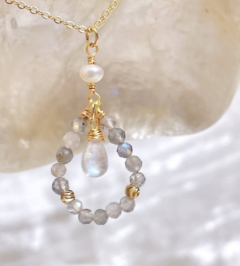 爱情//拉长石/水滴月光石/淡水珍珠/14K保色水晶项链 - 项链 - 其他金属 