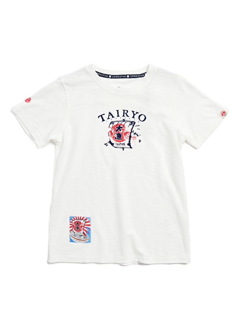 江户胜 日系 童装 大渔系列 帆船LOGO短袖T恤(米白色) #上衣 - 其他 - 棉．麻 白色