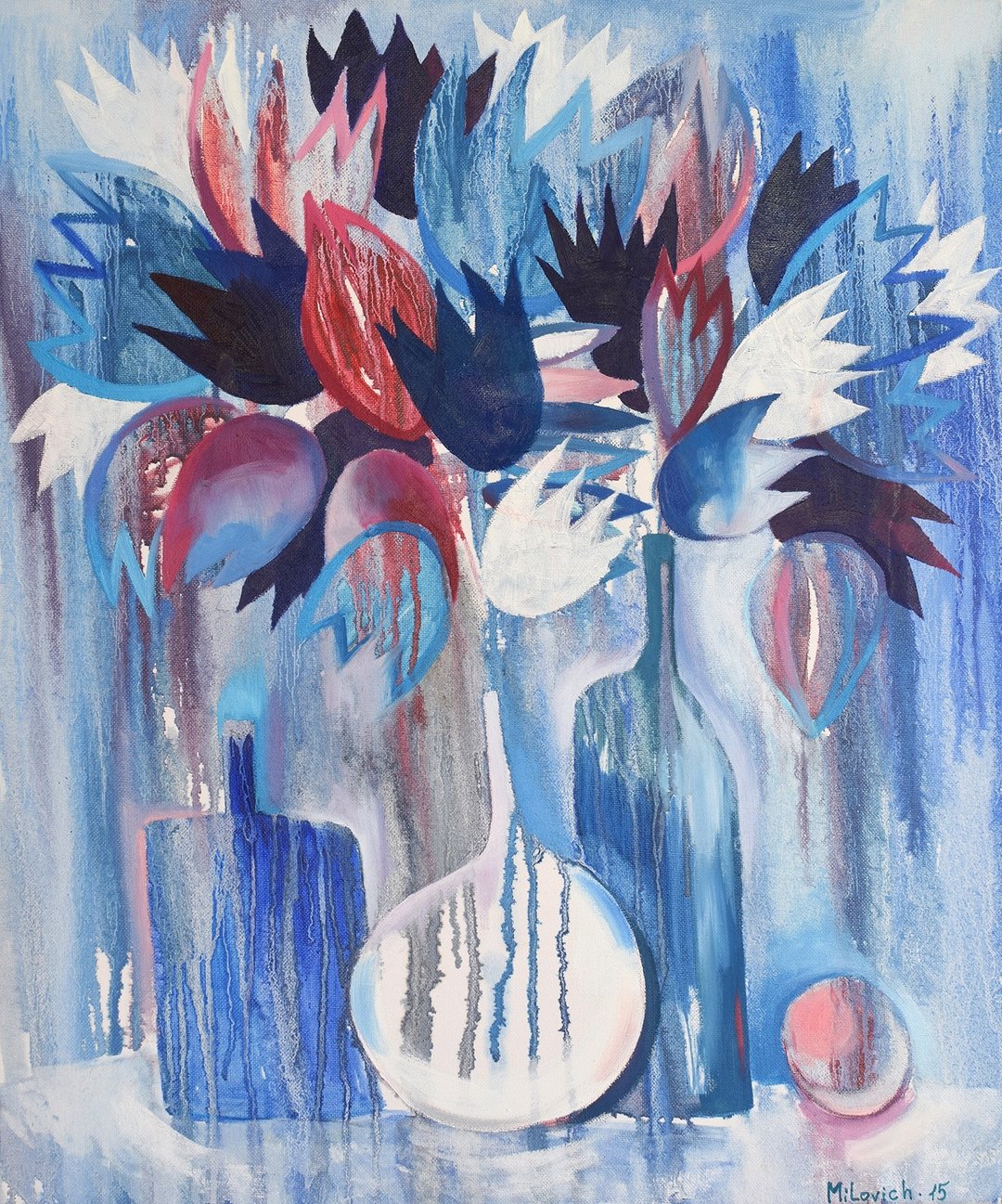 Blue Still Life, Flowers - original painting, artwork, wall art - 海报/装饰画/版画 - 颜料 蓝色