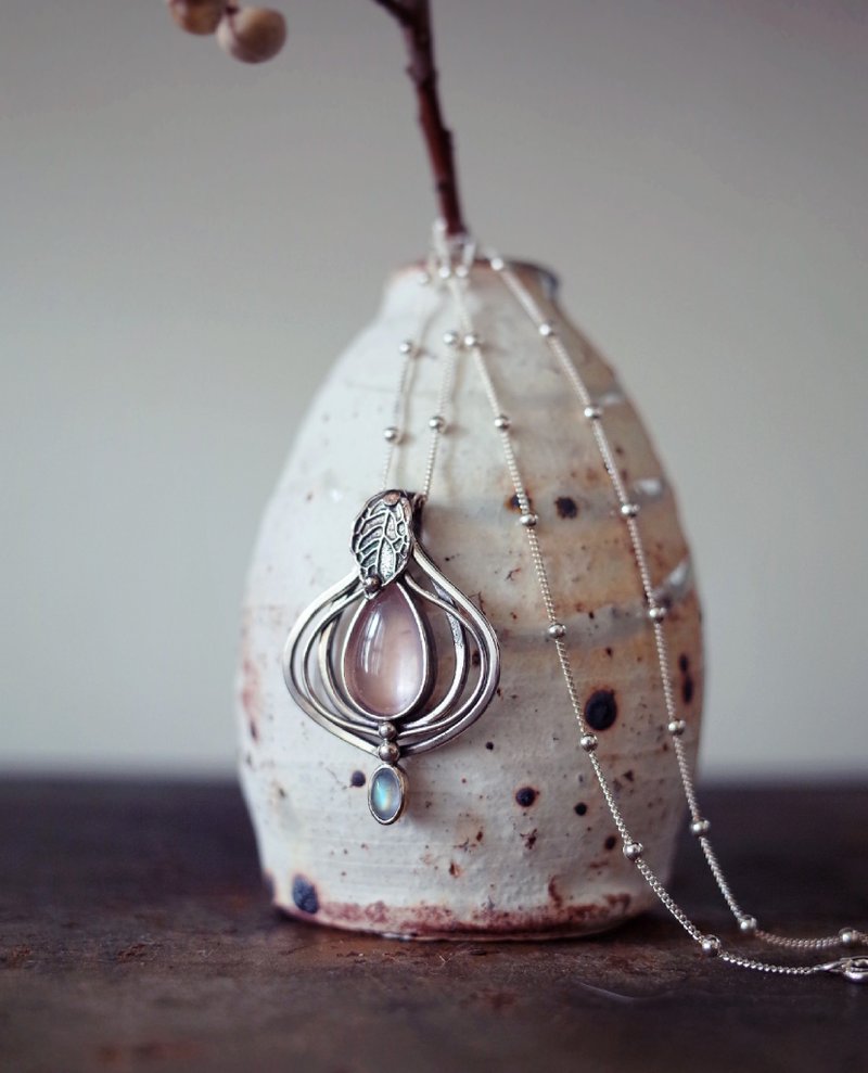 粉晶与蓝色月光石 - 项链 - 宝石 粉红色