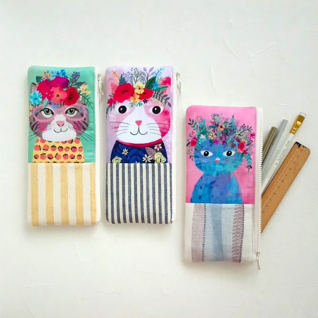 绝版出清 !【FPN/扁长形笔袋】花丛猫咪 粉红猫 日本先染布 - 铅笔盒/笔袋 - 棉 多色