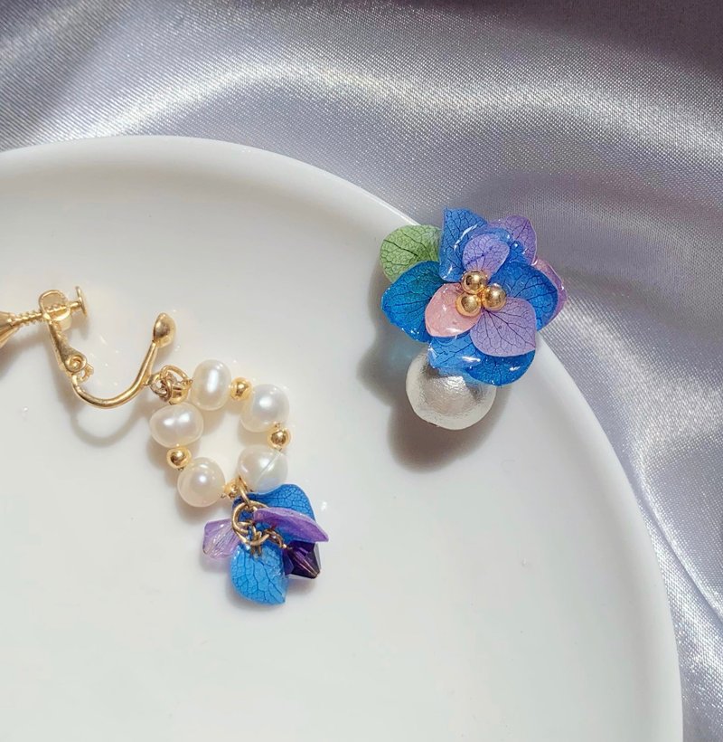 紫阳花珍珠耳环 给最喜欢的你 - 耳环/耳夹 - 植物．花 蓝色