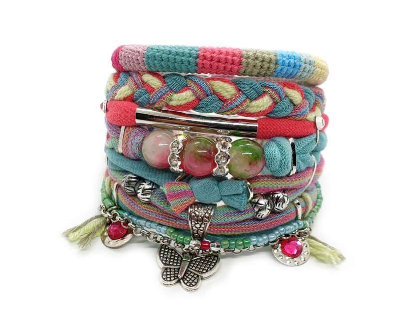 波斯玉​​粉绿春季波西米亚手链蝴蝶吊饰 - 手链/手环 - 棉．麻 多色