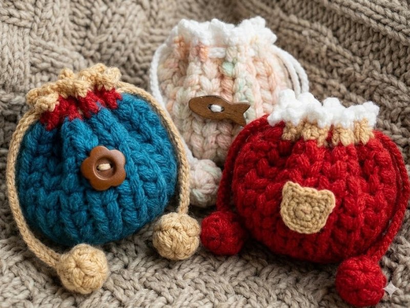 【钩钩手】手作鈎织小束口袋/复古配色款 - 束口袋双肩包 - 其他材质 