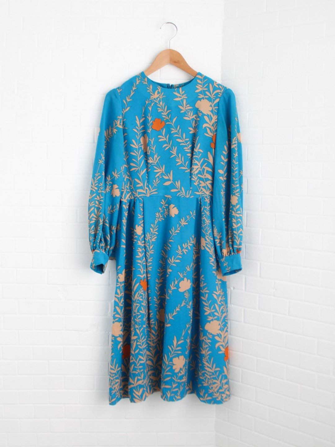 复古秋冬日系80s典雅花朵插画印花蓝色长袖古着洋装 - 洋装/连衣裙 - 聚酯纤维 蓝色