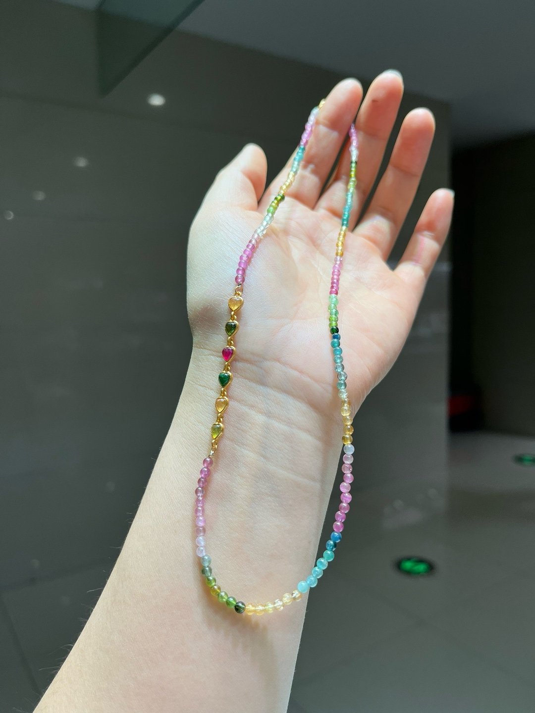 3mm天然原矿 彩虹碧玺 古法银碧玺爱心链接设计项链多圈手串s - 项链 - 宝石 红色