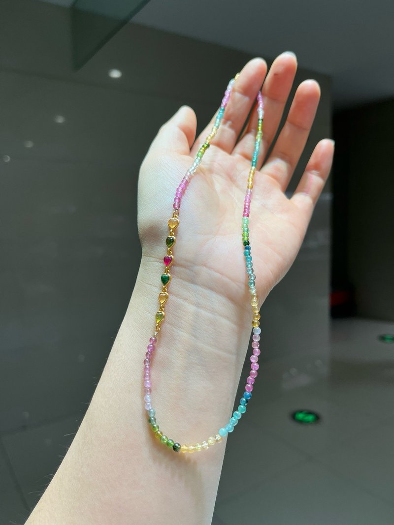 3mm天然原矿 彩虹碧玺 古法银碧玺爱心链接设计项链多圈手串s - 项链 - 宝石 红色