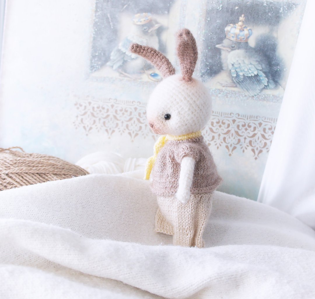 Cute Rabbit Doll with clothes, White Bunny stuffed animal, Woodland soft toy - 玩偶/公仔 - 羊毛 白色