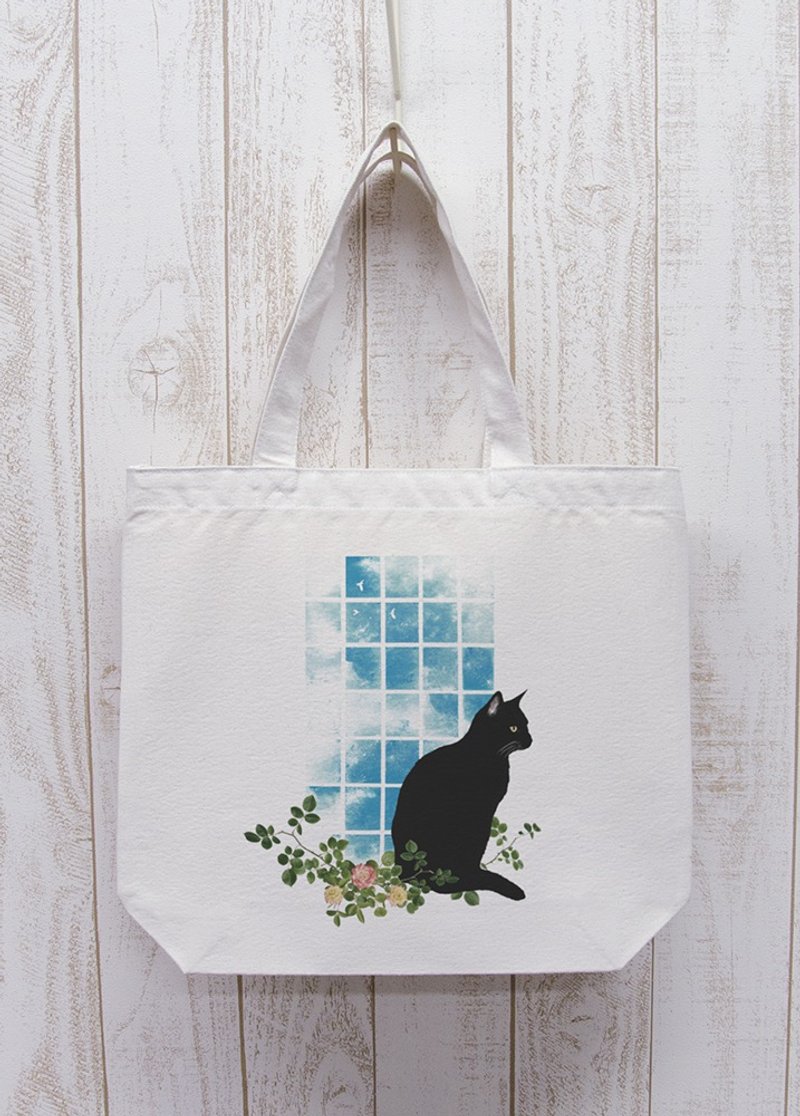 Standing Black Cat Window NOON Outing Tote Natural / R029-BT-NA - 其他 - 棉．麻 白色