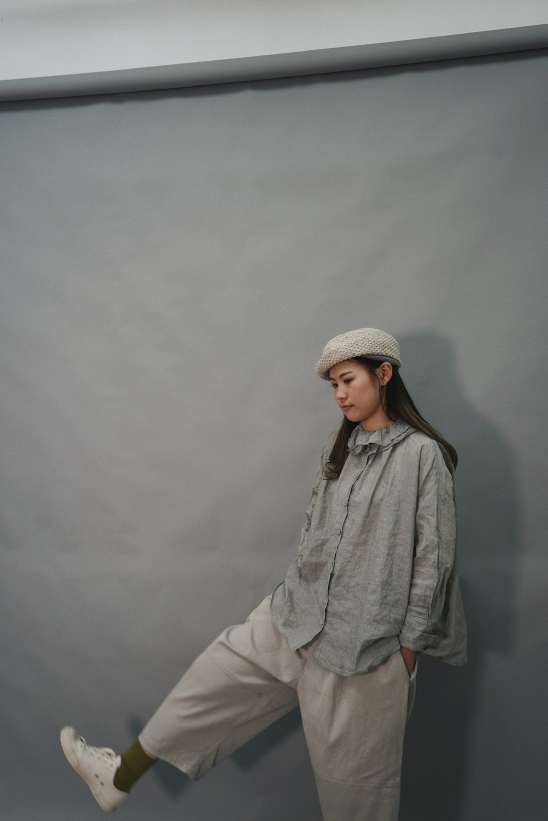 Ruffle collar top-灰 - 女装上衣 - 棉 灰色