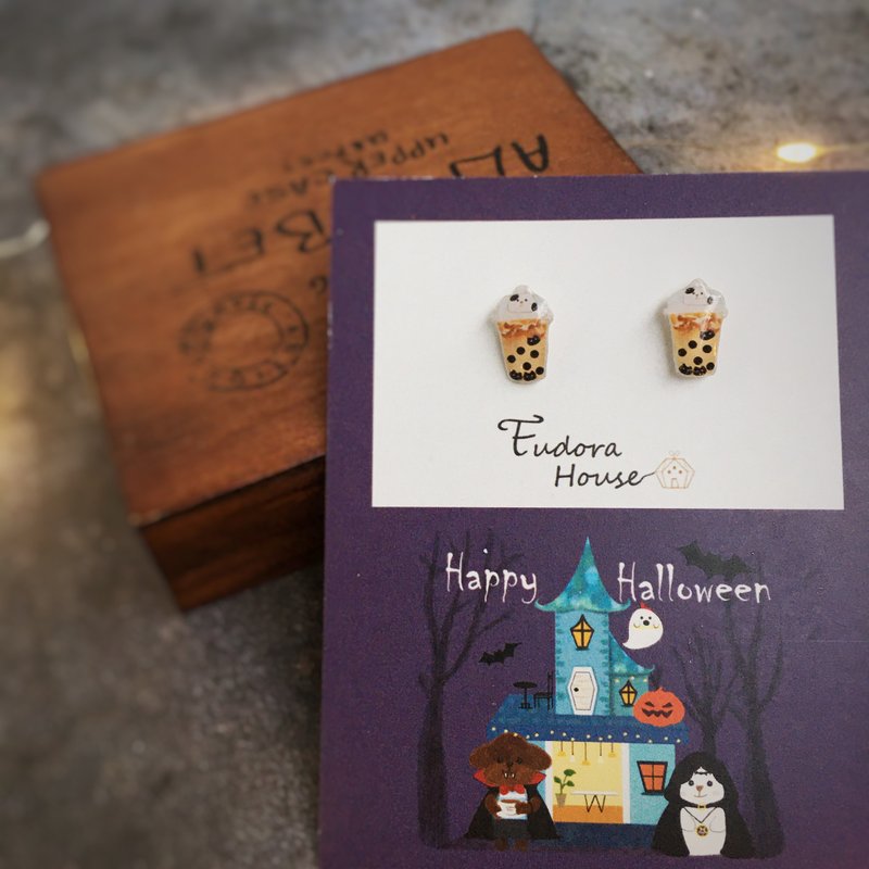 Eudora House原创插画角色 米林猫 珍珠奶茶 万圣节 风格 耳环 - 耳环/耳夹 - 树脂 