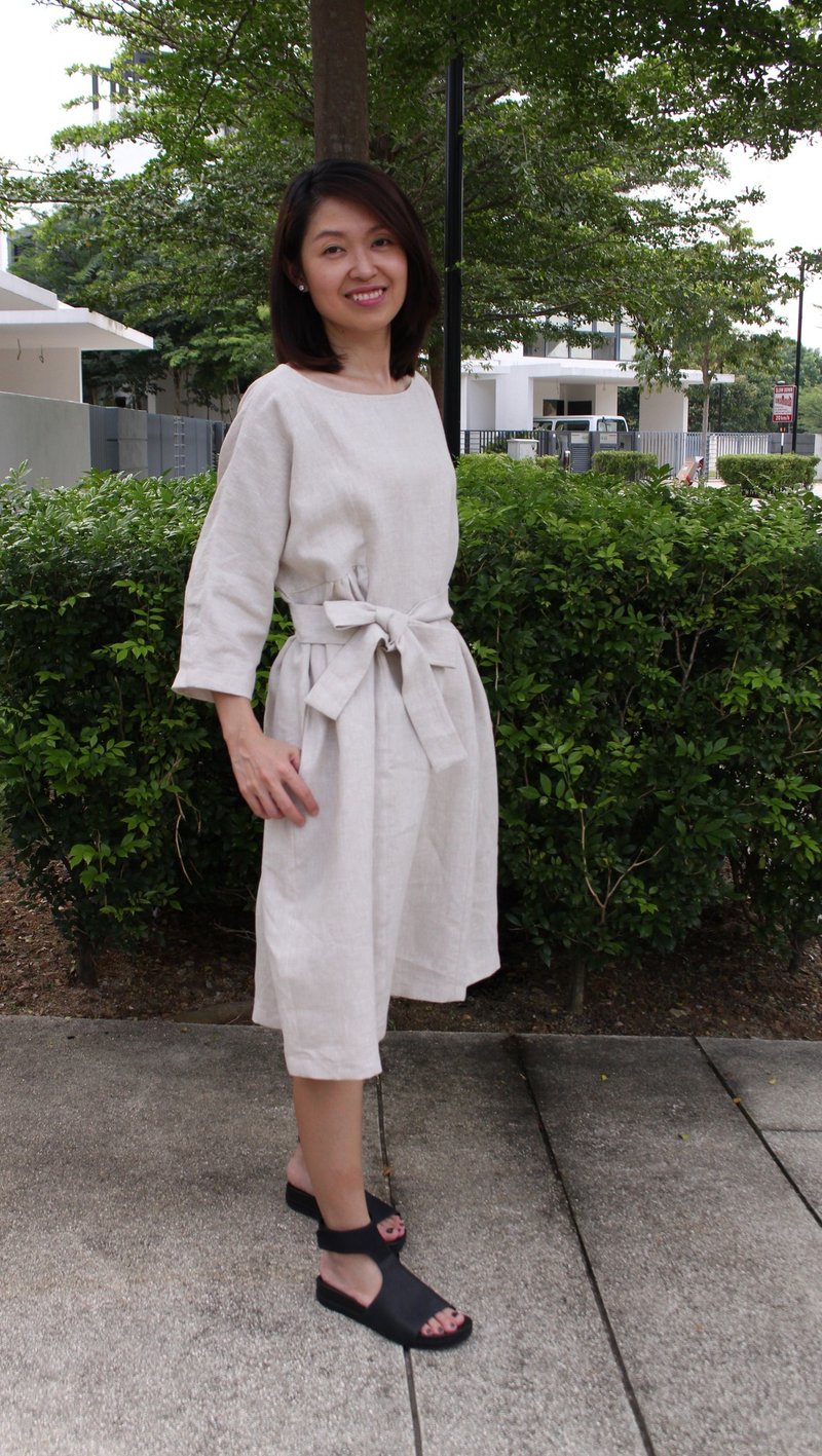 Linen Dress / Wrap-Around Linen Dress / Below-Knee-Length / 3/4 Sleeved EP-D647 - 洋装/连衣裙 - 亚麻 