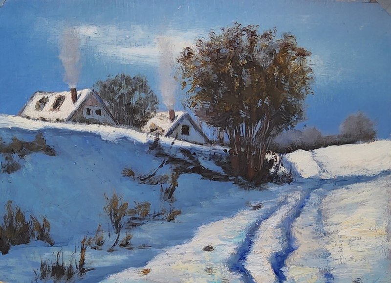 这幅描绘两间静谧小屋的冬日景致，充满了寂静 - 墙贴/壁贴 - 其他金属 