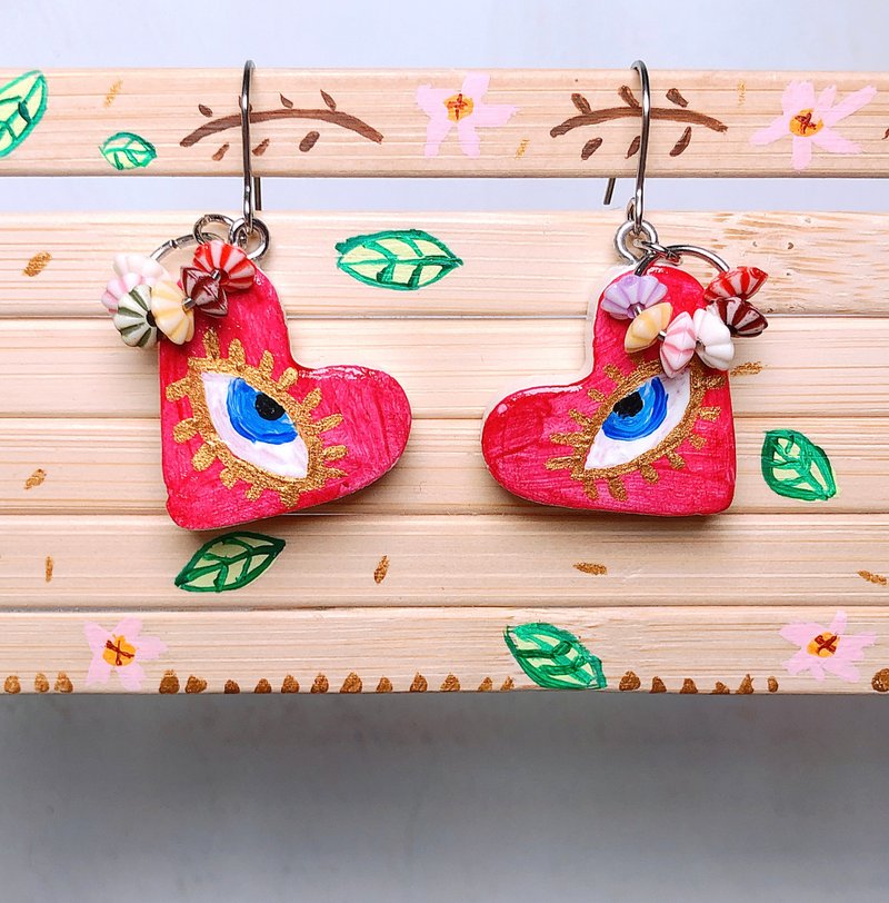 火红眼睛 手作黏土耳环 手绘捏制 不锈钢 吊坠款 - 耳环/耳夹 - 粘土 红色