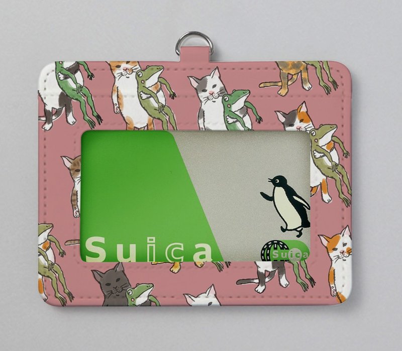 Cat and Blue Frog Pass Case Gray Pink - 证件套/卡套 - 其他材质 粉红色
