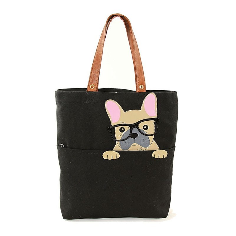 Sleepyville Critters酷乐村 美国设计-可爱眼镜狗童趣造型动物帆布托特包85116CN - 侧背包/斜挎包 - 其他材质 黑色