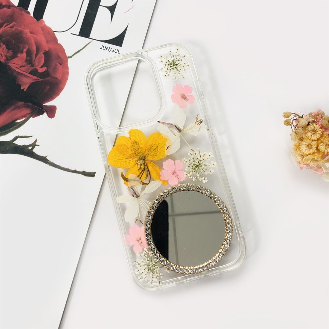 天然黄粉花押花镜子手机壳 适用于iPhone 16 Samsung S25 Google - 手机壳/手机套 - 植物．花 