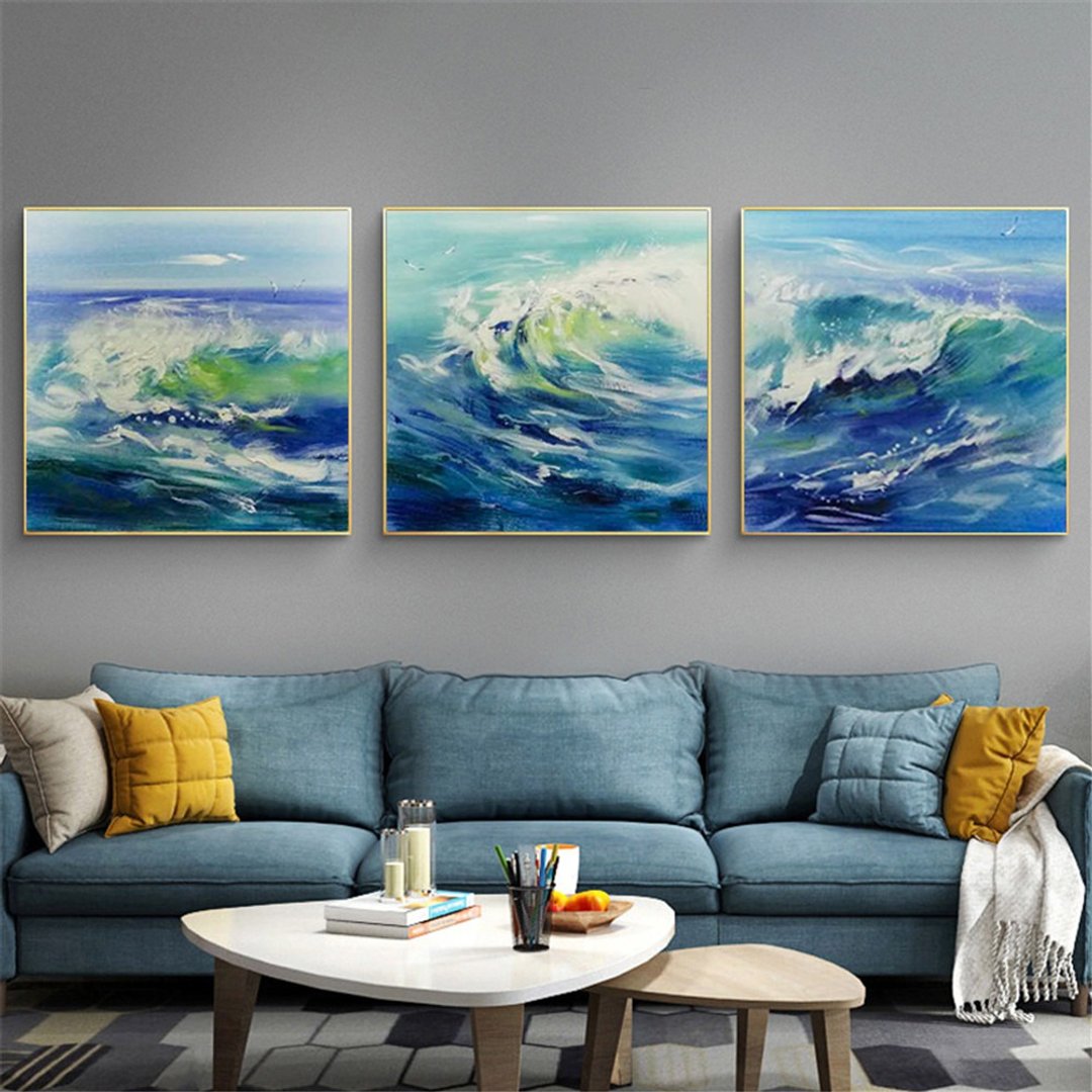 狂浪  三联画/手绘/油画/抽象/原创商品/装饰画/挂画/客厅 - 海报/装饰画/版画 - 亚麻 蓝色