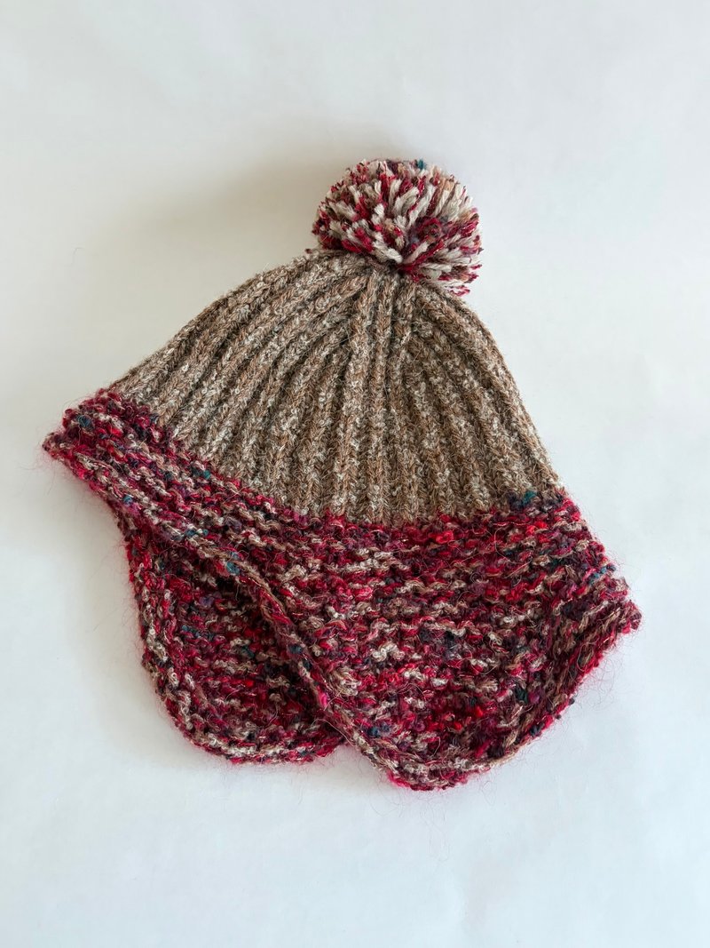 手工编织遮耳帽 红棕混色款 - 帽子 - 羊毛 