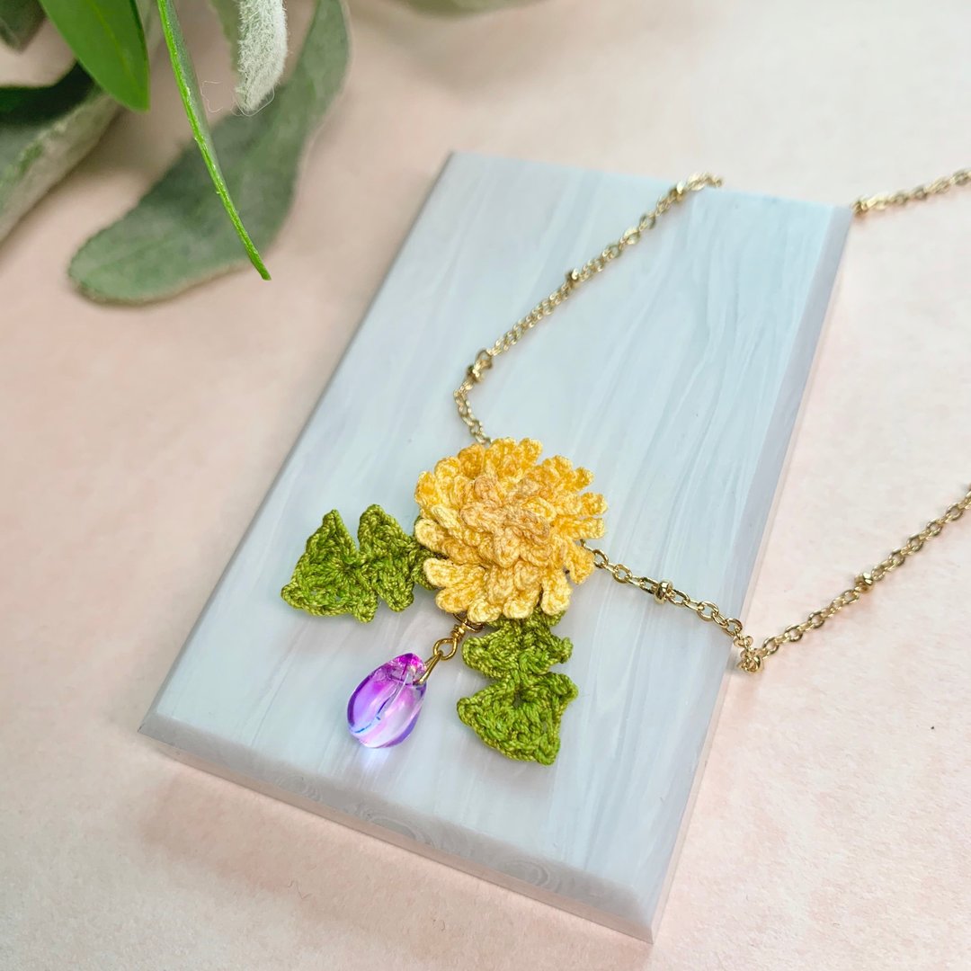 蒲公英 黄色小花叶 钩花编织 颈链 日本水晶珠 Silver925 项链 - 颈链 - 棉 黄色