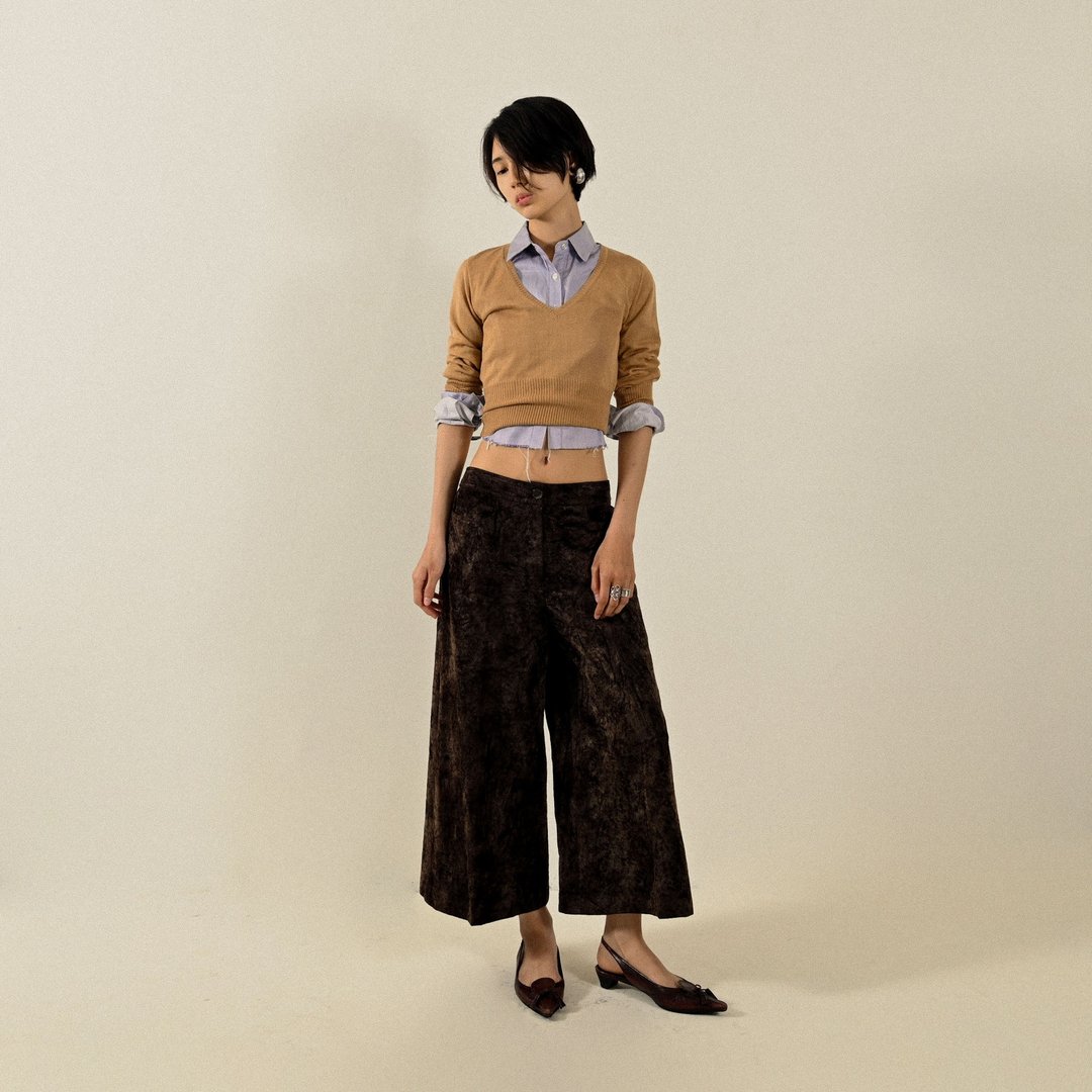【NaSuBi Vintage】绒面面料七分古着宽裤 - 女装长裤 - 其他人造纤维 咖啡色