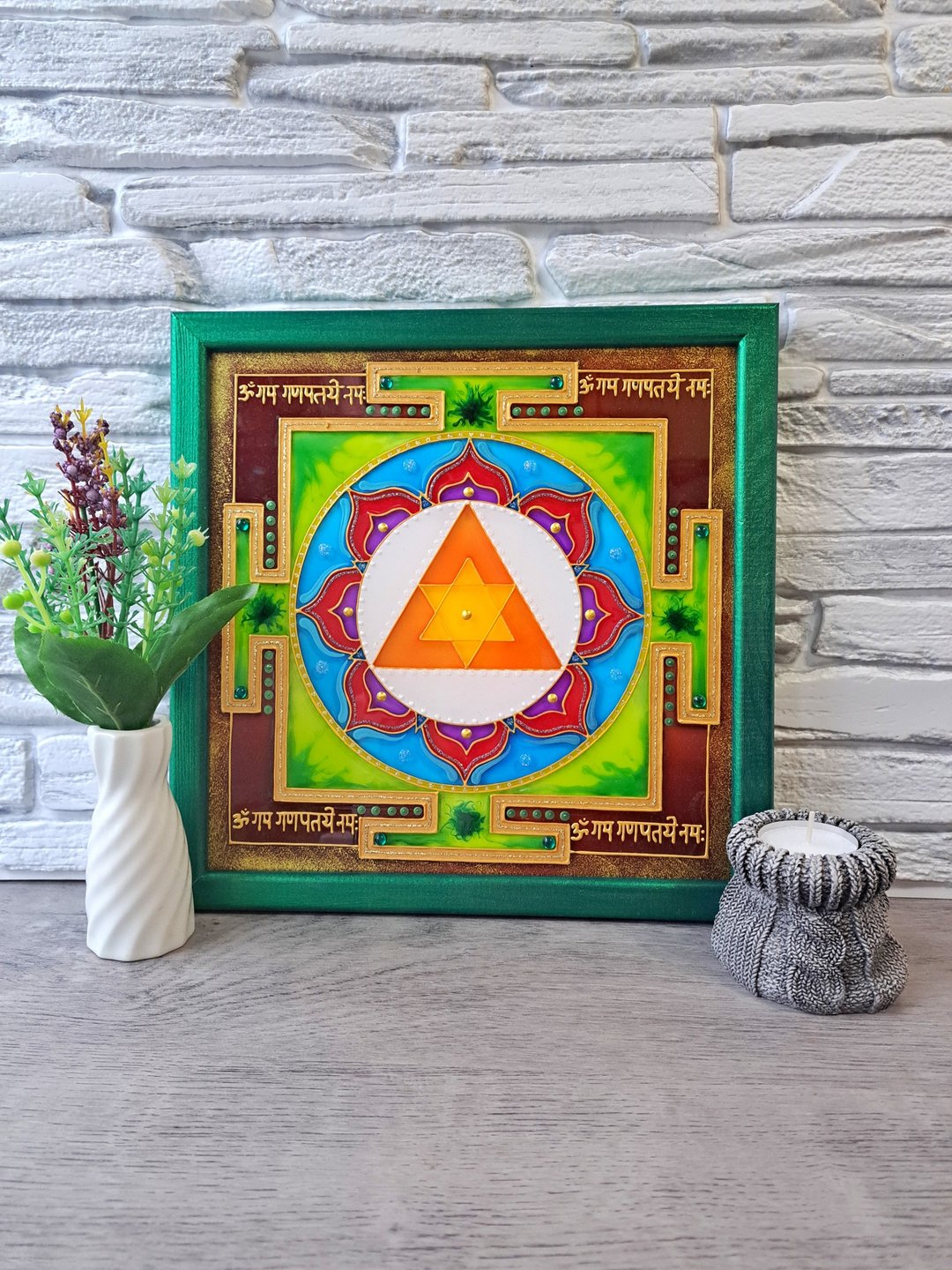 手绘Shri Ganesha yantra神圣几何Jyotish Ganapati吠陀素食主义 - 墙贴/壁贴 - 玻璃 绿色