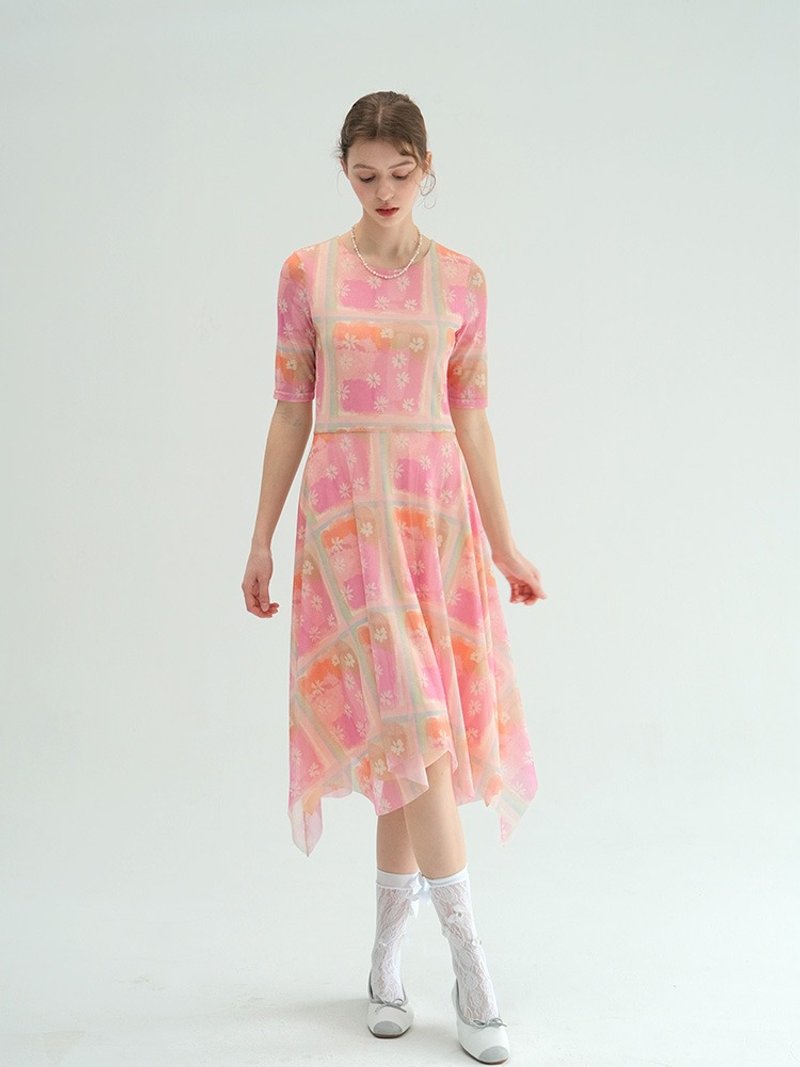 MintCheese 手绘格纹雏菊渐变色系网纱连衣裙 - 洋装/连衣裙 - 其他材质 