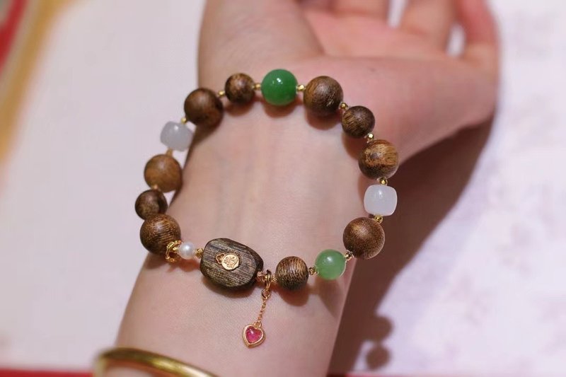 天然奇楠沉香手链搭配碧玉和田烟紫玉新中式文玩沉香手链 - 手链/手环 - 玉石 