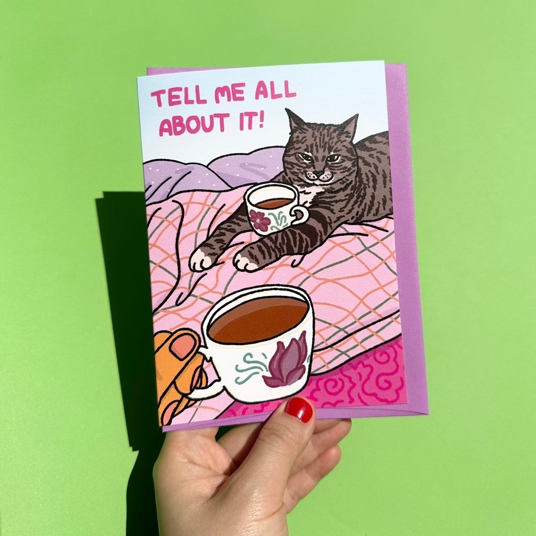 Tell Me All About It Gossip Cat Tea Card 祝福卡 - 卡片/明信片 - 纸 