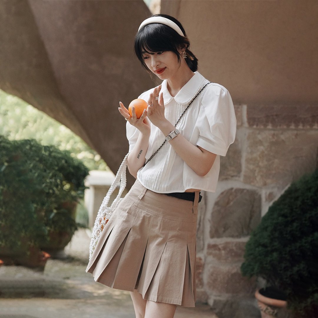 学院风百褶短裙|裙子|夏款|Sora-969 - 裙子 - 棉 卡其色