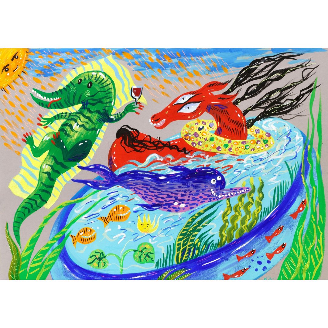 手绘可爱插画原创动物海报马在泳池天真的艺术 - 海报/装饰画/版画 - 纸 多色