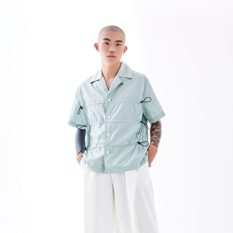 抽绳短袖衬衫 - 男装衬衫 - 棉．麻 绿色