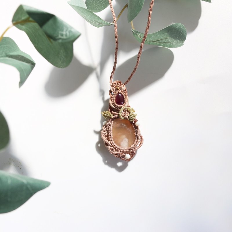 天然石樱花玛瑙石榴石蜡线编织项链 - 项链 - 水晶 咖啡色